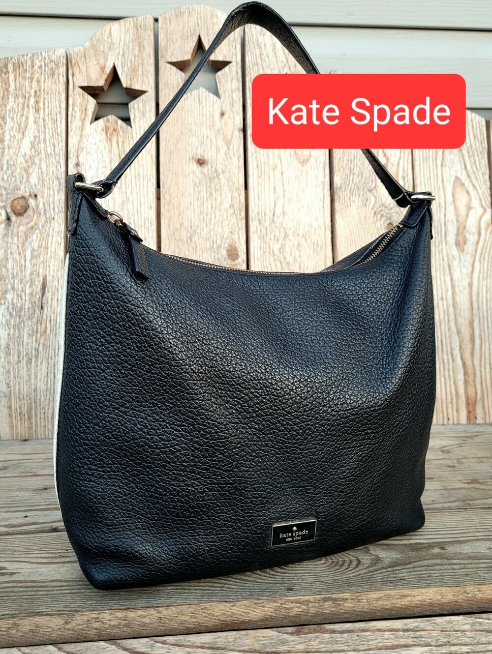 *Rare* Kate Spade Black With White Strip Pebbled Leather Shoulder Handbag